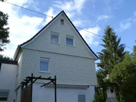 Rückansicht eines Hauses mit Fassadenverkleidung in heller Steinoptik