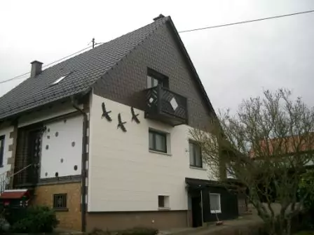 Ansicht eines Hauses mit einer hellen Fassade und 3 Schmuckelementen in Form von schwarzen Vögeln